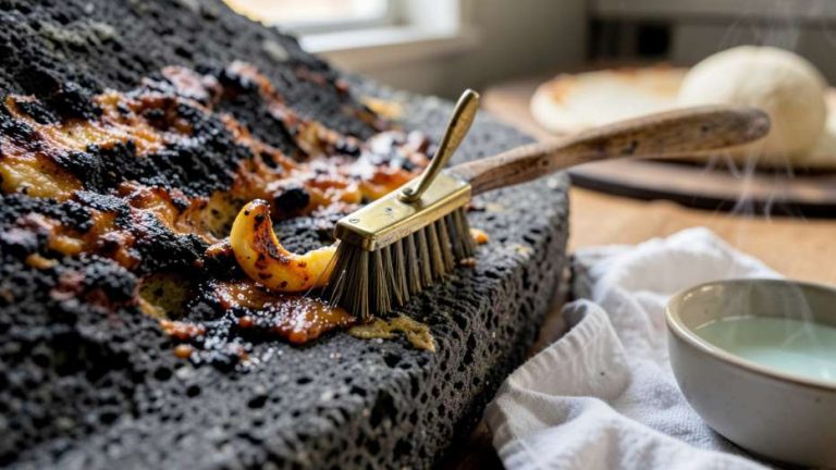 Cleaning Baked-On Cheese Off a Pizza Oven Stone Surface