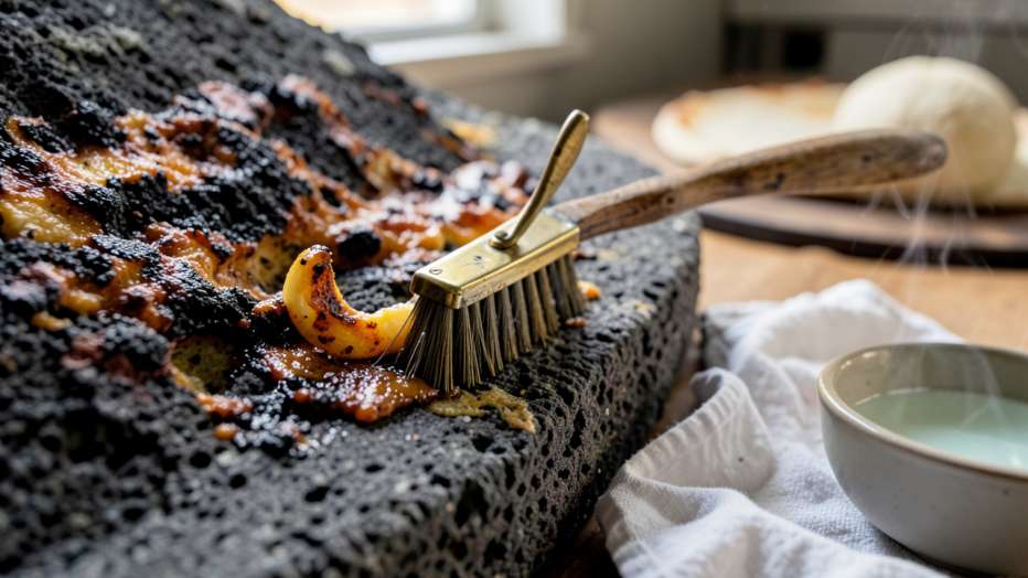 Cleaning Baked-On Cheese Off a Pizza Oven Stone Surface